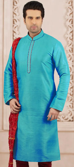 Blue color Kurta in Dupion Silk fabric with Embroidered, Thread work