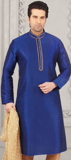 Blue color Kurta in Dupion Silk fabric with Embroidered, Thread work
