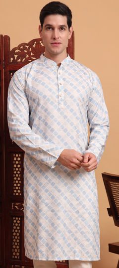 Blue color Kurta in Cotton fabric with Embroidered, Printed, Thread work