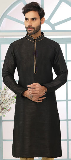 Black and Grey color Kurta in Dupion Silk fabric with Embroidered, Thread work