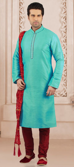 Blue color Kurta Pyjamas in Dupion Silk fabric with Embroidered, Thread work