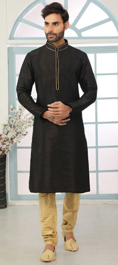 Black and Grey color Kurta Pyjamas in Dupion Silk fabric with Embroidered, Thread work