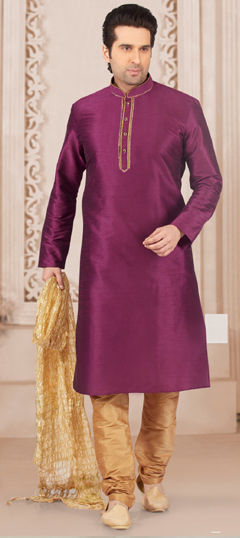 Purple and Violet color Kurta Pyjamas in Dupion Silk fabric with Embroidered, Thread work