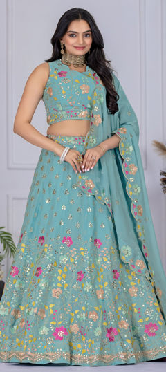 Blue color Lehenga in Faux Georgette fabric with Embroidered, Sequence, Thread work