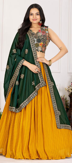 Yellow color Lehenga in Faux Georgette fabric with Thread work