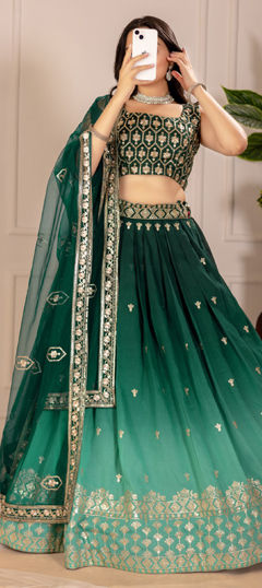 Green color Lehenga in Shimmer fabric with Embroidered, Sequence, Thread work