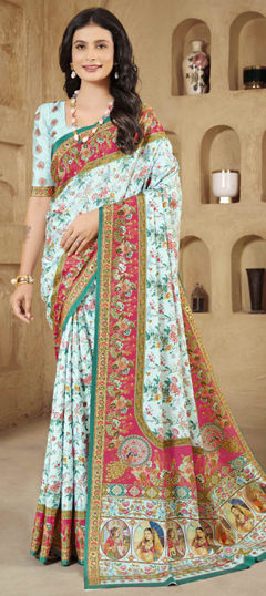 Blue color Saree in Crepe Silk fabric with Digital Print, Foil Print work