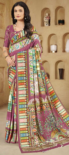 Pink and Majenta color Saree in Crepe Silk fabric with Digital Print, Foil Print work