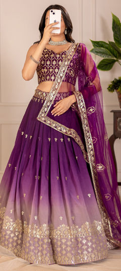 Beige and Brown, Purple and Violet color Lehenga in Shimmer fabric with Embroidered, Sequence, Thread work