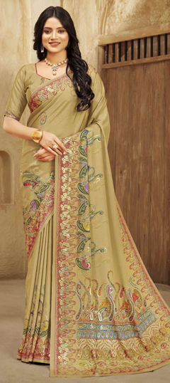 Beige and Brown color Saree in Crepe Silk fabric with Digital Print, Foil Print work
