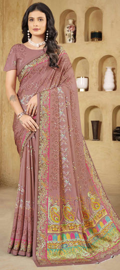Pink and Majenta color Saree in Crepe Silk fabric with Digital Print, Foil Print work