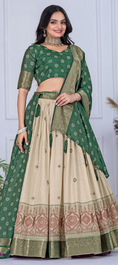 Beige and Brown, Green color Lehenga in Silk fabric with Weaving work