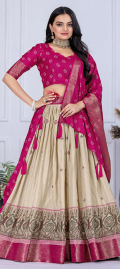 Beige and Brown, Pink and Majenta color Lehenga in Silk fabric with Weaving work