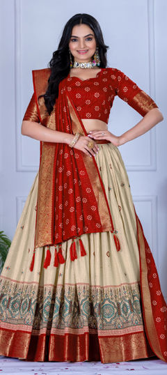 Beige and Brown, Red and Maroon color Lehenga in Silk fabric with Weaving work