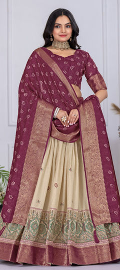 Beige and Brown, Pink and Majenta color Lehenga in Silk fabric with Weaving work