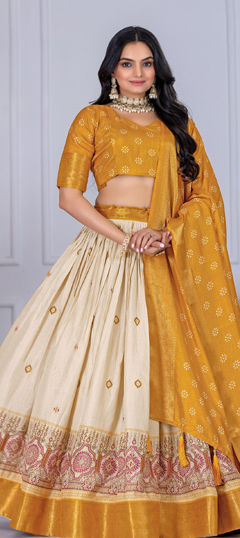 Beige and Brown, Yellow color Lehenga in Silk fabric with Weaving work