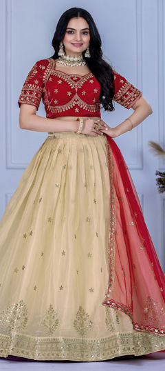 White and Off White color Lehenga in Silk fabric with Embroidered, Thread work