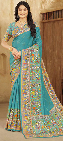 Blue color Saree in Crepe Silk fabric with Digital Print, Foil Print work