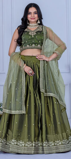 Green color Lehenga in Silk fabric with Embroidered, Thread work