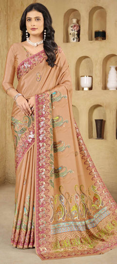 Pink and Majenta color Saree in Crepe Silk fabric with Digital Print, Foil Print work