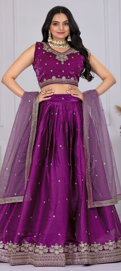 Purple and Violet color Lehenga in Silk fabric with Embroidered, Thread work