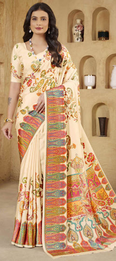 Beige and Brown color Saree in Crepe Silk fabric with Digital Print, Foil Print work