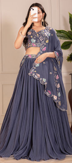 Black and Grey color Lehenga in Faux Georgette fabric with Embroidered, Thread work