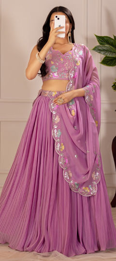 Pink and Majenta color Lehenga in Faux Georgette fabric with Embroidered, Thread work