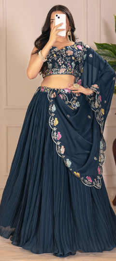 Blue color Lehenga in Faux Georgette fabric with Embroidered, Thread work
