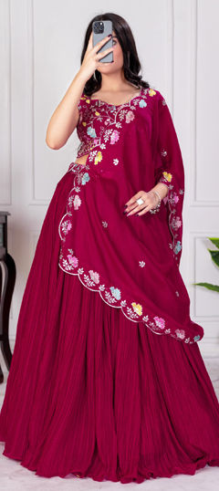 Red and Maroon color Lehenga in Faux Georgette fabric with Embroidered, Thread work