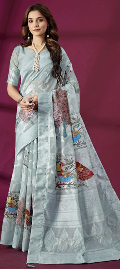 Blue color Saree in Art Silk fabric with Printed, Weaving work
