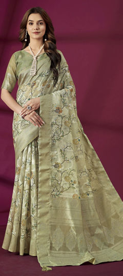 Green color Saree in Art Silk fabric with Printed, Weaving work