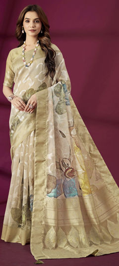 Beige and Brown color Saree in Art Silk fabric with Printed, Weaving work