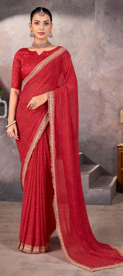 Red and Maroon color Saree in Georgette fabric with Bandhej, Embroidered, Printed, Sequence, Thread work