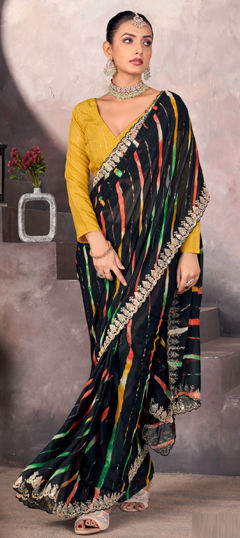 Black and Grey color Saree in Georgette fabric with Embroidered, Printed, Resham, Thread work