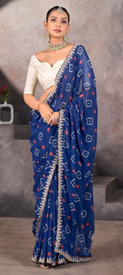 Blue color Saree in Georgette fabric with Bandhej, Embroidered, Printed, Sequence, Thread work