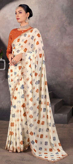 White and Off White color Saree in Georgette fabric with Embroidered, Printed, Sequence, Thread, Tye n Dye, Zari work