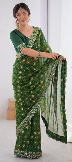 Green color Saree in Georgette fabric with Border, Printed, Sequence work