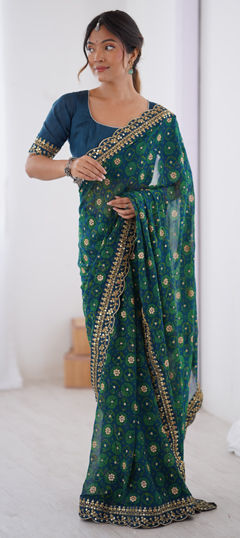 Blue color Saree in Georgette fabric with Border, Printed, Sequence work