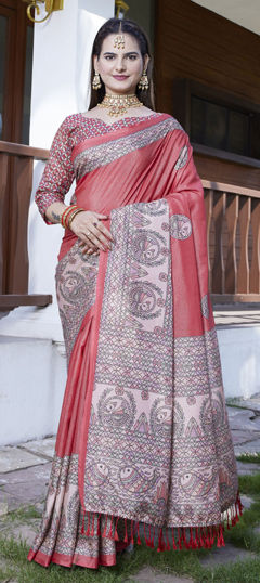 Red and Maroon color Saree in Crepe Silk fabric with Digital Print, Weaving, Zari work