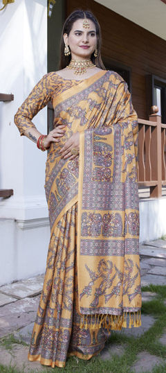 Orange color Saree in Crepe Silk fabric with Digital Print, Weaving, Zari work