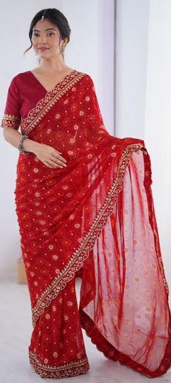 Red and Maroon color Saree in Georgette fabric with Border, Printed, Sequence work