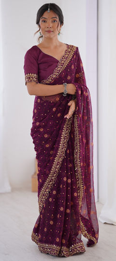 Purple and Violet color Saree in Georgette fabric with Border, Printed, Sequence work