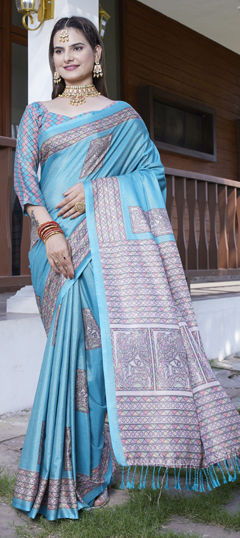 Blue color Saree in Crepe Silk fabric with Digital Print, Weaving, Zari work
