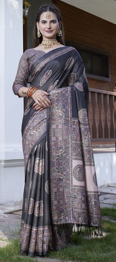 Black and Grey color Saree in Crepe Silk fabric with Digital Print, Weaving, Zari work