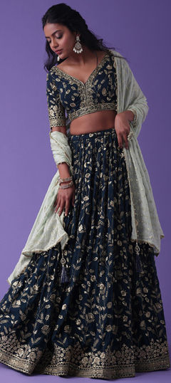 Blue color Lehenga in Georgette fabric with Embroidered, Moti, Sequence, Zari work