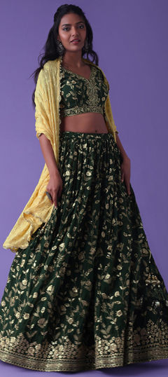 Green color Lehenga in Georgette fabric with Embroidered, Moti, Sequence, Zari work
