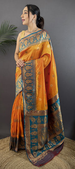 Orange color Saree in Banarasi Silk fabric with Weaving work