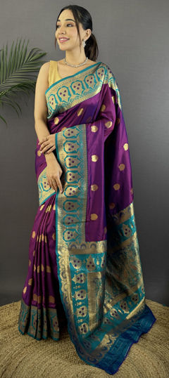 Purple and Violet color Saree in Banarasi Silk fabric with Weaving work