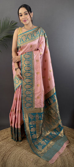 Pink and Majenta color Saree in Banarasi Silk fabric with Weaving work